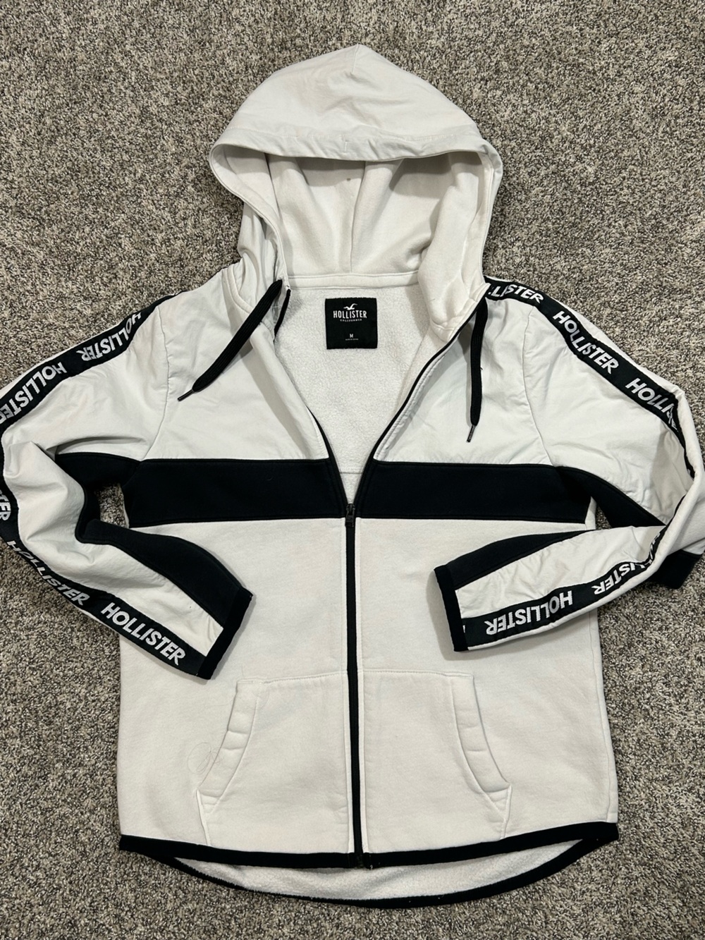 Hollister White and Black Contrast Hooded Zip Jacket Size M